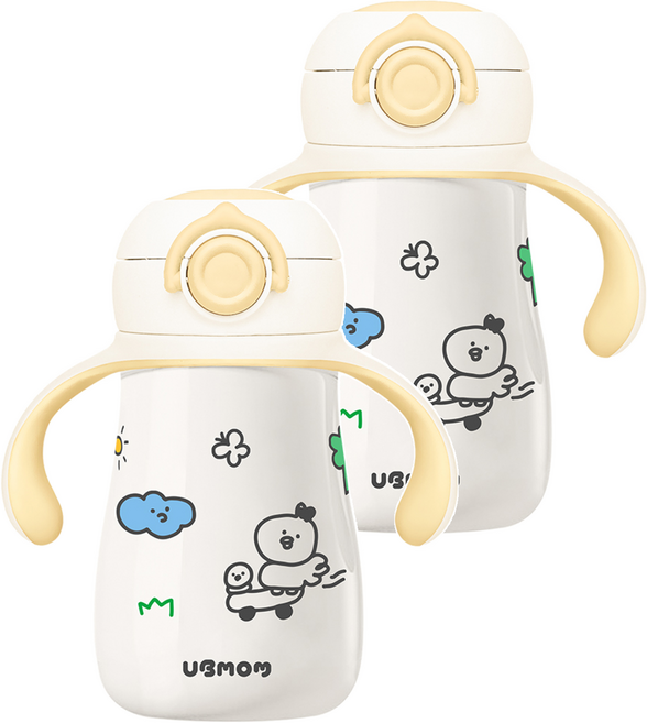 유비맘 유아용 스테인리스 데일리 원터치 빨대컵, 260ml, 2개, 옐로우