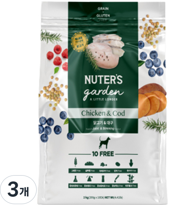 누터스가든 강아지 기능성 사료, 뼈/관절강화 (치킨 앤 대구), 2kg, 3개