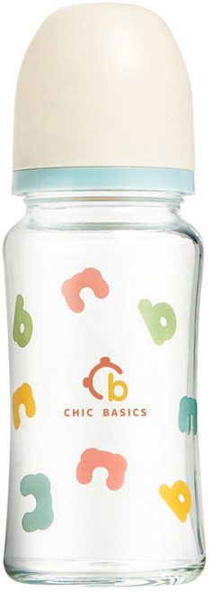 奇哥 BASICS 耐熱硼矽玻璃寬口奶瓶, 1個, 240ml, 透明色 + 藍色 + 白色