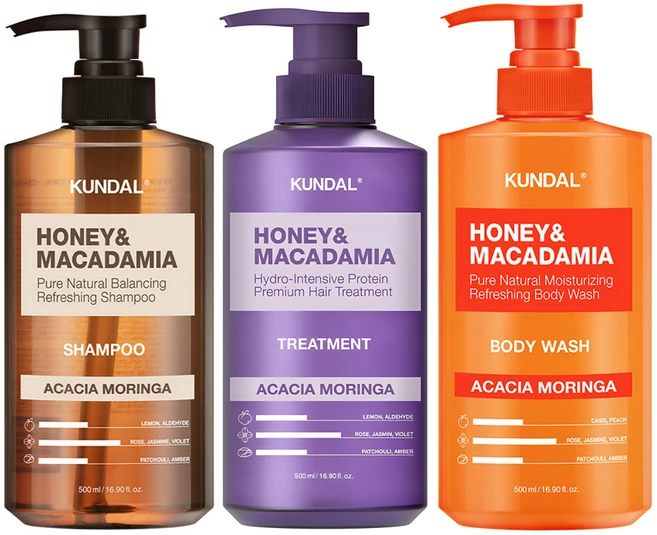 쿤달 허니 앤드 마카다미아 네이처 샴푸 + 트리트먼트 + 바디워시 아카시아모링가향 500ml 세트, 1개 - 쿠팡