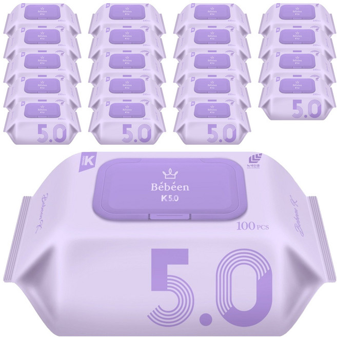 Bebeen K5.0 유아물티슈 캡형, 50g, 100매, 20개