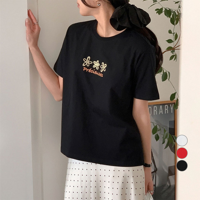 아피나르 여성용 Précieux 통기성 베이직 라운드넥 자수 그래픽 반팔 티셔츠