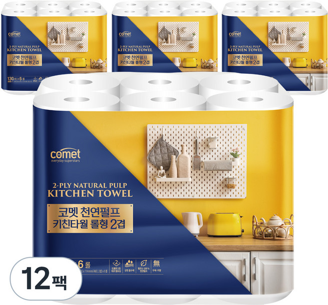 코멧 키친 천연펄프 키친타올 롤형 130매 2겹, 72개