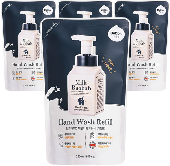 밀크바오밥 패밀리 핸드워시 리필용, 상큼한오렌지향, 250ml, 4개