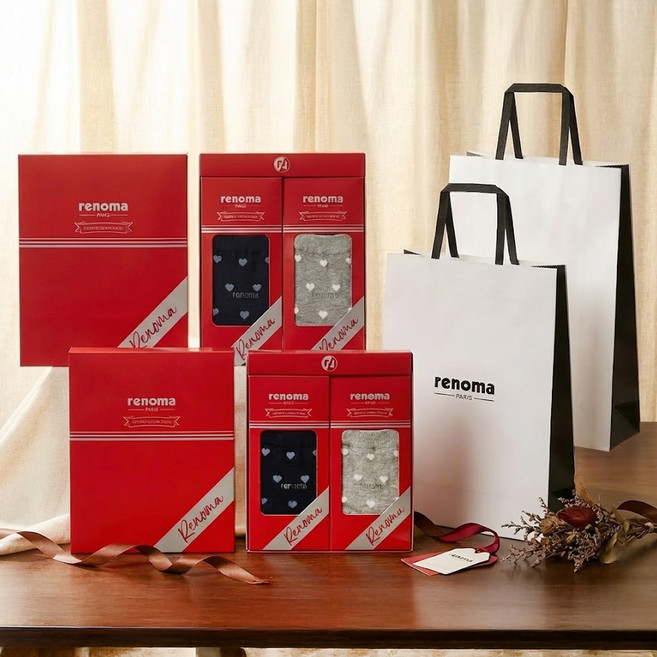 레노마 여성용 캐쥬얼 하트도트 양말 2종 선물세트 2세트 + 쇼핑백