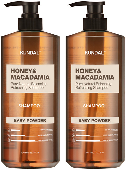 쿤달 허니 앤 마카다미아 네이처 샴푸 베이비파우더향, 1.058L, 2개