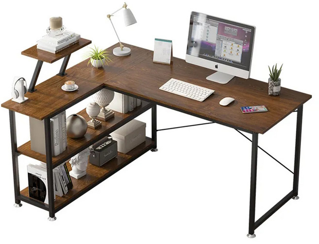 E家工廠215- L型工作桌 120 x 80 x 73cm 附帶多層置物架 學生辦公桌, 虎皮纹色, 1個