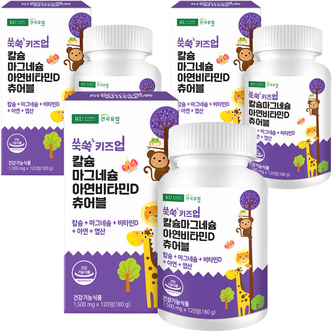 건국유업 유아용 쑥쑥 키즈업 칼슘 마그네슘 아연 비타민D 츄어블 180g, 120정, 3개