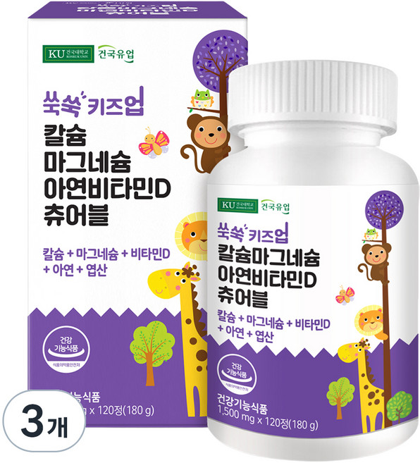 건국유업 유아용 쑥쑥 키즈업 칼슘 마그네슘 아연 비타민D 츄어블 180g, 120정, 3개