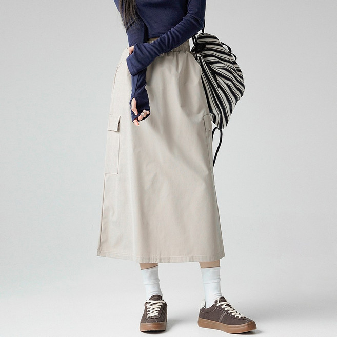 Cotton Closet 女款工裝風鬆緊帶後開衩長裙