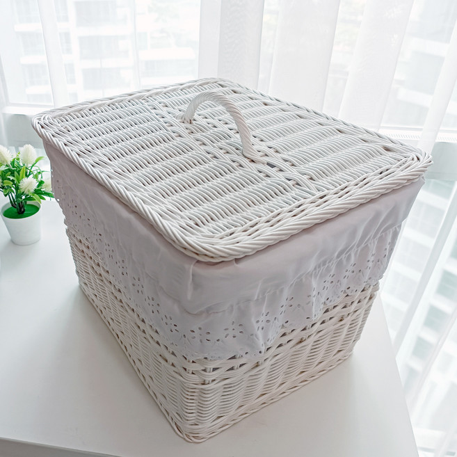 라탄샵 직사각 다용도 뚜껑 라탄 바구니 B603 + 레이스천 세트, 화이트, 1개