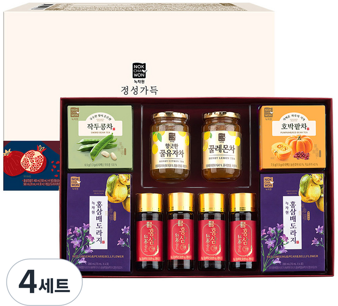 녹차원 정성가득 홍삼차 선물세트, 4세트, 홍삼진골드 + 향긋한꿀유자차 + 꿀레몬차 + 홍삼배도라지 + 작두콩차 + 호박팥차