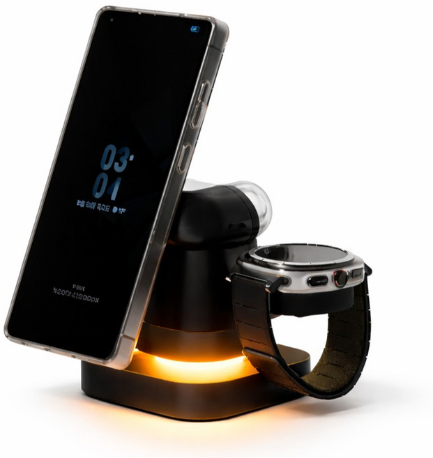아라리 파워M 글로 LED 무드조명 맥세이프 3IN1 핸드폰 갤럭시워치 거치 고속 무선 충전기, 블랙, 1개