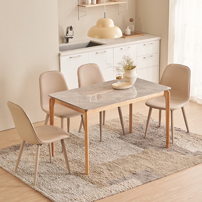 잉글랜더 캐츠 통세라믹 고무나무 원목 식탁 세트 4인용 방문설치, 그레이 + 내츄럴 + 그레이, 일반의자 4