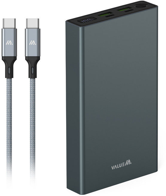 밸류엠 100W PPS 초고속 충전 PD 메탈 보조배터리 20000mAh 멀티단자 + 60W C to C 케이블 세트, VM-PM20CPQ