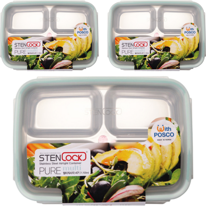 스텐락 퓨어 멀티 4구 밀폐용기 직사각 4호, 3개, 1.1L