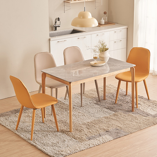 잉글랜더 캐츠 통세라믹 고무나무 원목 식탁 + 의자 세트 4인용 방문설치, 그레이 + 내츄럴 + 그레이 + 옐로우, 일반의자 4