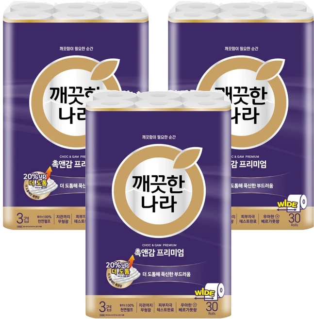 깨끗한나라 천연펄프 3겹 촉앤감 프리미엄 고급롤화장지, 30m, 30개입, 3개 - 쿠팡