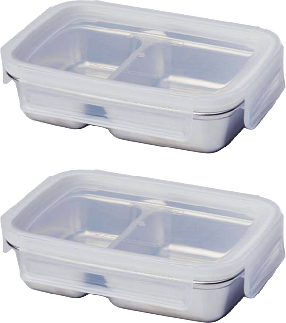 JAJU 스테인리스 사각 두 칸 나눔 찬통, 2개, 500ml