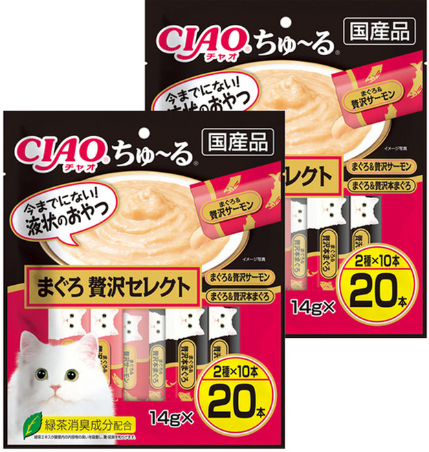 INABA CIAO 啾嚕 肉泥, 鮪魚 + 奢華鮭魚、鮪魚 + 奢華鮪魚, 280g, 2袋