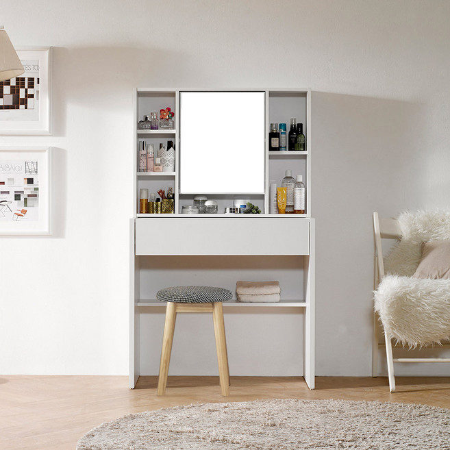 파로마 에일리 수납 화장대 800 + 원목 쿠션 스툴 방문설치, 화이트 + 트위트블랙
