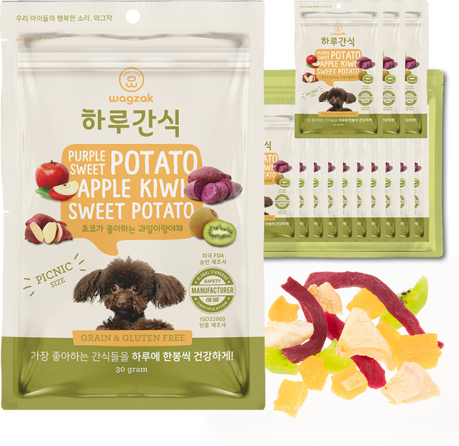 와그작 강아지 하루간식, 혼합맛(자색고구마/키위/사과/고구마), 30g, 14개