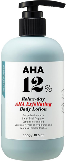 VILLAGE 11 FACTORY Relax-day 果酸12%去角質身體乳液 無添加礦物油和香料 含神經醯胺3 含7種玻尿酸 含積雪草, 300g, 1瓶