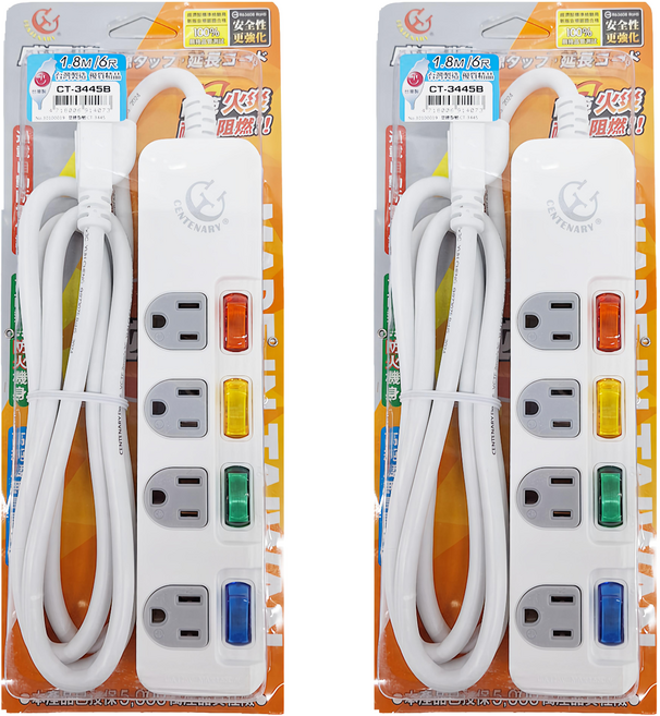 CENTENARY 成電牌 4切4座延長線 3孔, 1.8m, 白色, 2條