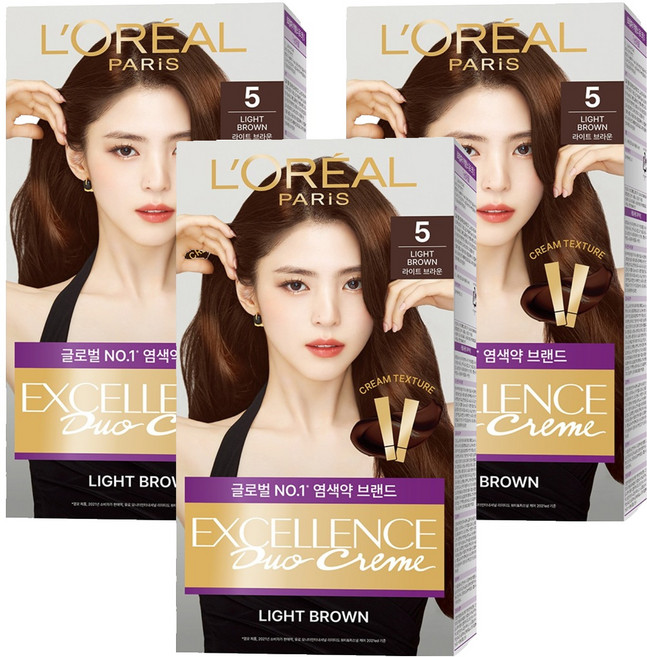 로레알파리 엑셀랑스 듀오크림 염모제, 5호 라이트 브라운, 3개