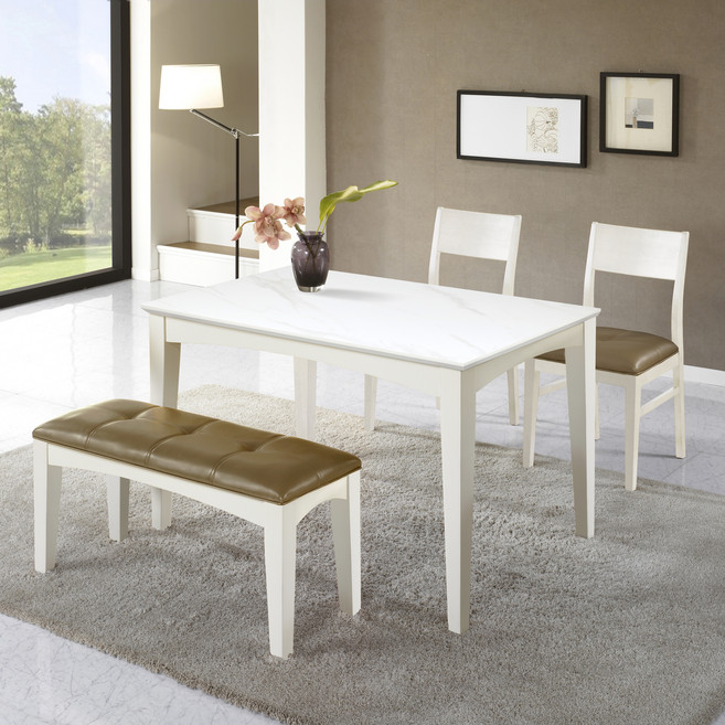 도리퍼니처 에이스 세라믹 원목 4인용 식탁 + 의자 2p + 벤치 세트 방문설치, 아이보리 화이트, 일반 2 + 벤치 1