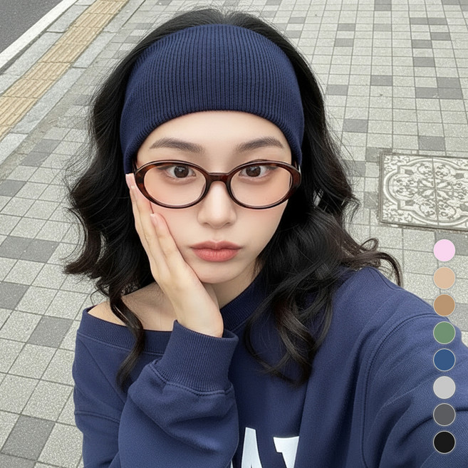 미다미 제프넷 스판 골지 와이드 헤어밴드, 네이비, 1개