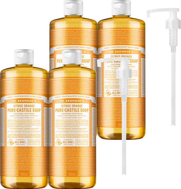 닥터브로너스 퓨어 캐스틸 솝 페이스 앤 바디워시 시트러스 오렌지 2p + 펌프 1p, 950ml, 4개