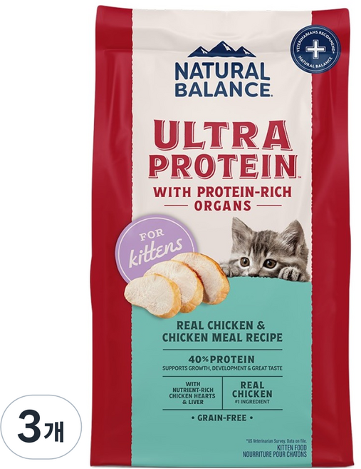 내추럴발란스 키튼 울트라 프로틴 리얼 캣 레시피 건식사료, 닭, 1.36kg, 3개