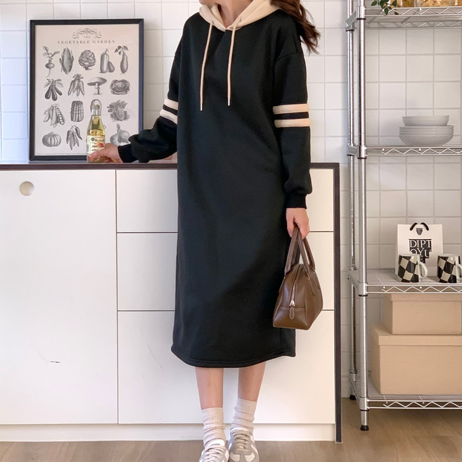 아피나르 여성용 루즈핏 기모 후드 롱 원피스