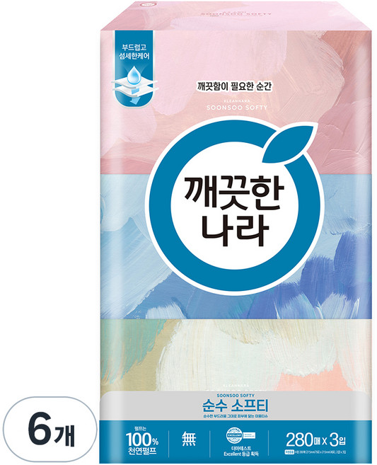 깨끗한나라 순수 소프티 천연펄프 미용티슈 2겹, 280매, 6개