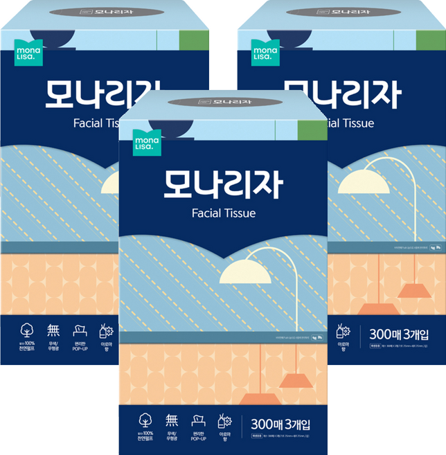 모나리자 천연펄프 미용티슈 2겹, 300매, 9개
