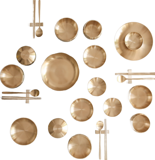 놋담 방짜 유기 설린 4인 그릇 반상기 세트 34p, 공기 4p + 대접 4p + 뚜껑 4p + 꽃볼 특대 + 뷔페접시 중 + 원형찬기 소 + 중 2p + 대 + 숟가락 4p + 젓가락 4벌 + 수저받침 4p, 34개