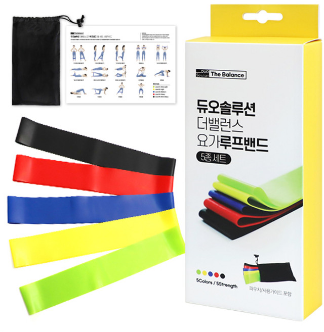 듀오솔루션 더밸런스 스트레칭 요가 루프밴드 난이도 5종 세트 + 파우치, 혼합색상, 1세트