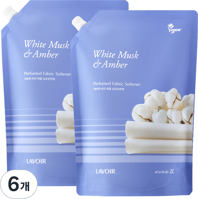 라브아 고농축 퍼퓸드 액체 섬유유연제 화이트머스크 앤 앰버 리필, 2L, 6개