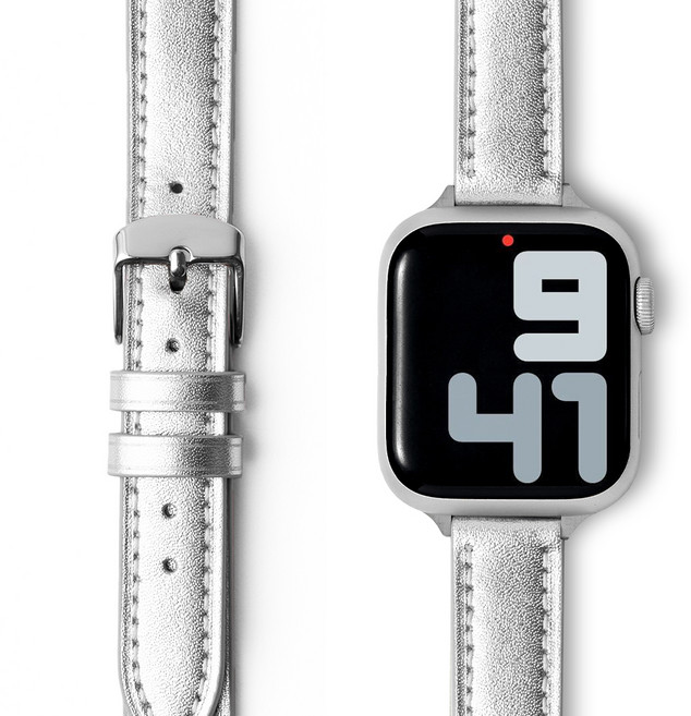 누아트 애플워치 호환 스트랩 싱글 투어 슬림 레더 브레이슬릿, 실버, 1개