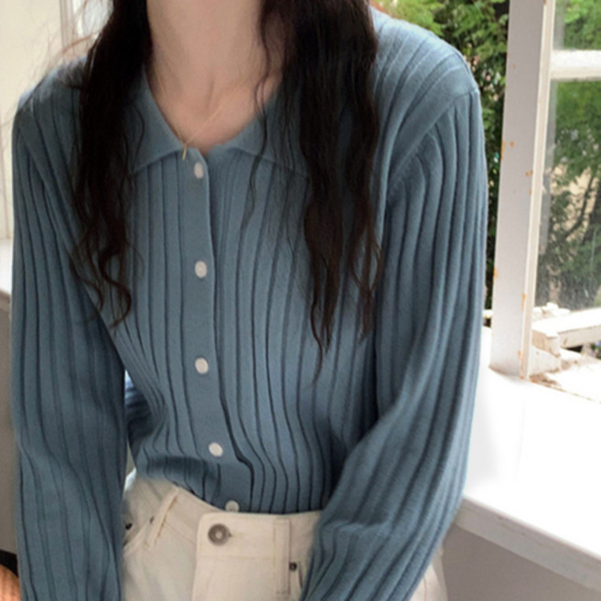 더플로우커머스 여성용 부들컬러 슬림핏 골지 카라 니트 티셔츠