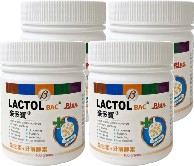 LACTOL BAC 樂多寶 活性腸益粉 犬/貓/小動物適用 100g, 益生菌+分解酵素, 4罐