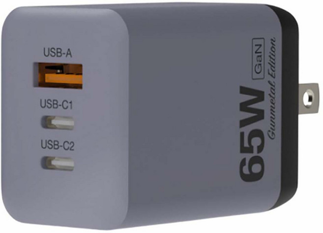 POLYWELL 寶利威爾 65W三孔PD快充頭 雙C + USB充電器 GaN氮化鎵 BSMI PW15-T05-A102, 槍灰色, 1個