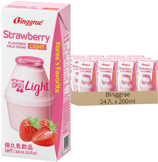 Binggrae light 草莓風味保久乳飲品, 200ml, 24入