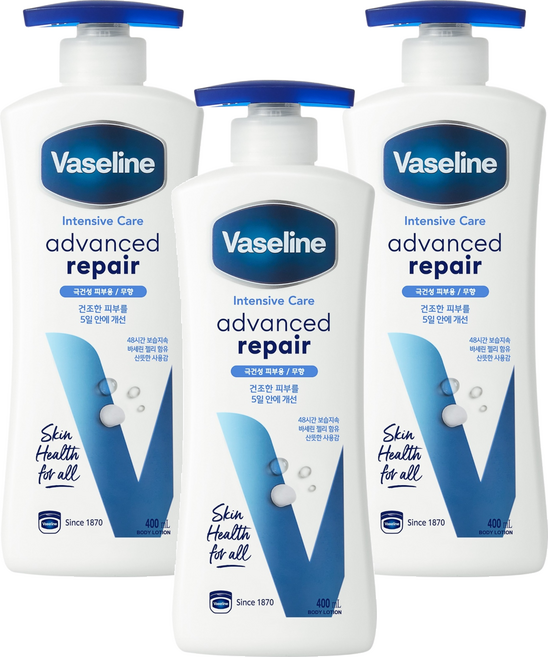바세린 인텐시브 케어 어드밴스드 리페어 바디로션 무향, 400ml, 3개