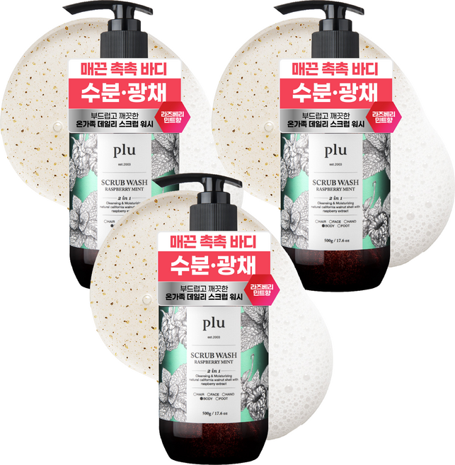 플루 데일리 바디스크럽 워시 라즈베리민트향, 300g, 3개