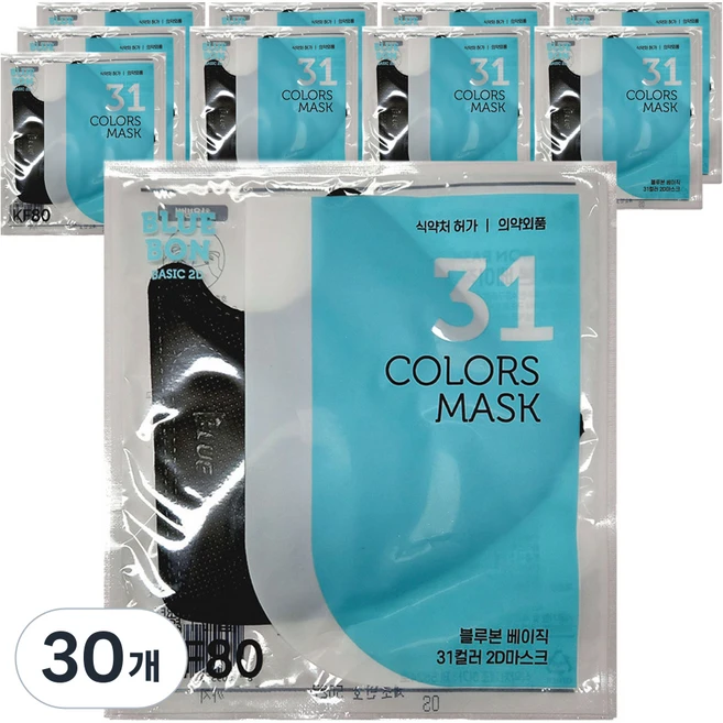 블루본 베이직 31컬러 투디 마스크 중형 KF80, 검정색, 30개, 1개입 - 쿠팡