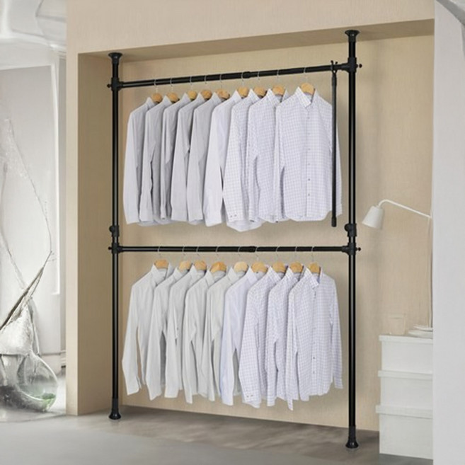 Liwoo 可調節頂天立地衣架 2層 附取衣桿, 黑色