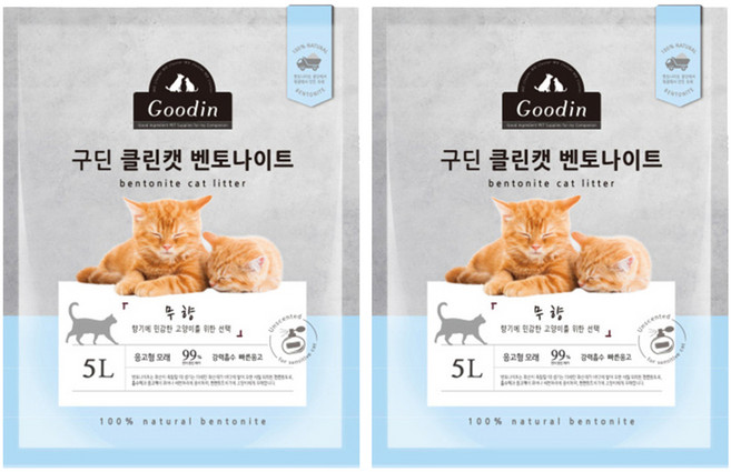 구딘 응고형 클린캣 벤토나이트 고양이 모래, 5L, 2개, 무향