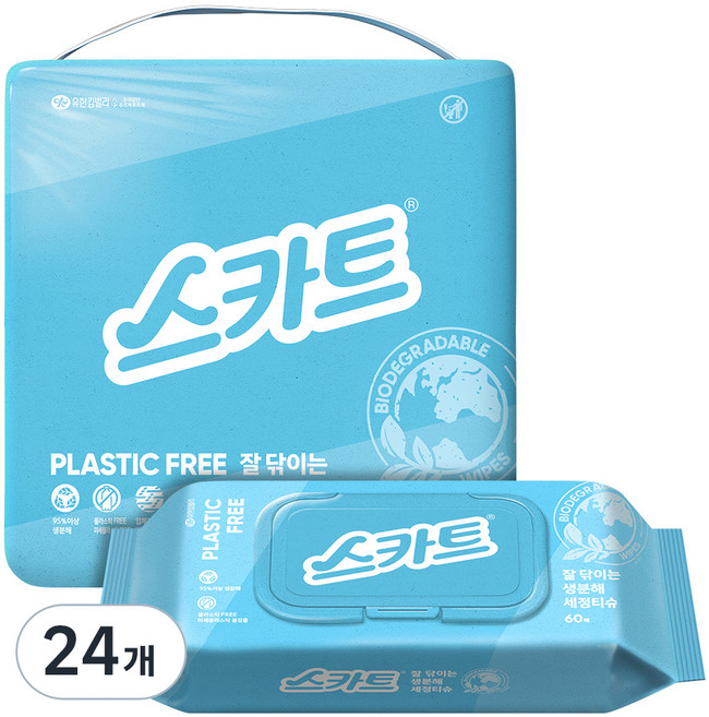 스카트 잘 닦이는 생분해 세정티슈 60p, 24개